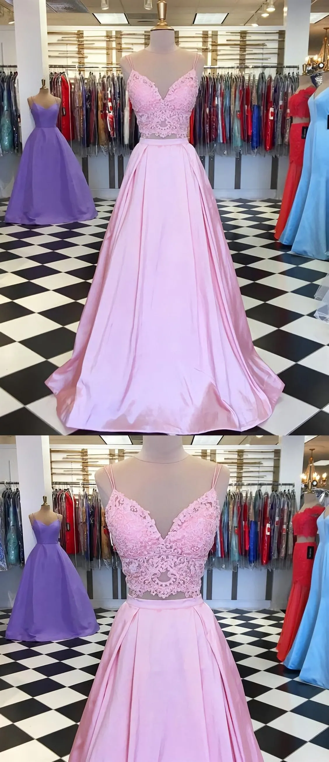 A Line V Neck 2 Pieces Pink Lace Prom Dresses Pink 2 Pieces Lace Formal Graduation Evening Dresses C0125