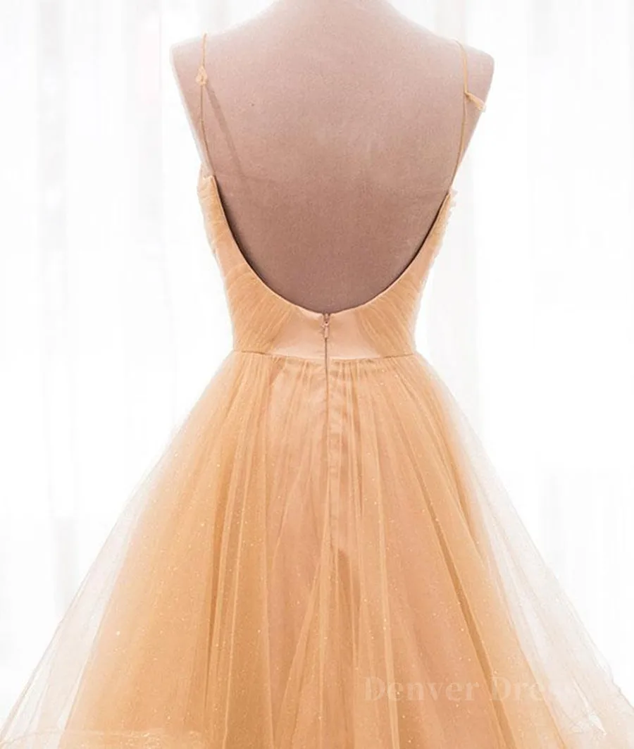 A Line V Neck Backless Champagne Long Prom Dresses V Neck Champagne Formal Dresses Champagne Evening Dresses