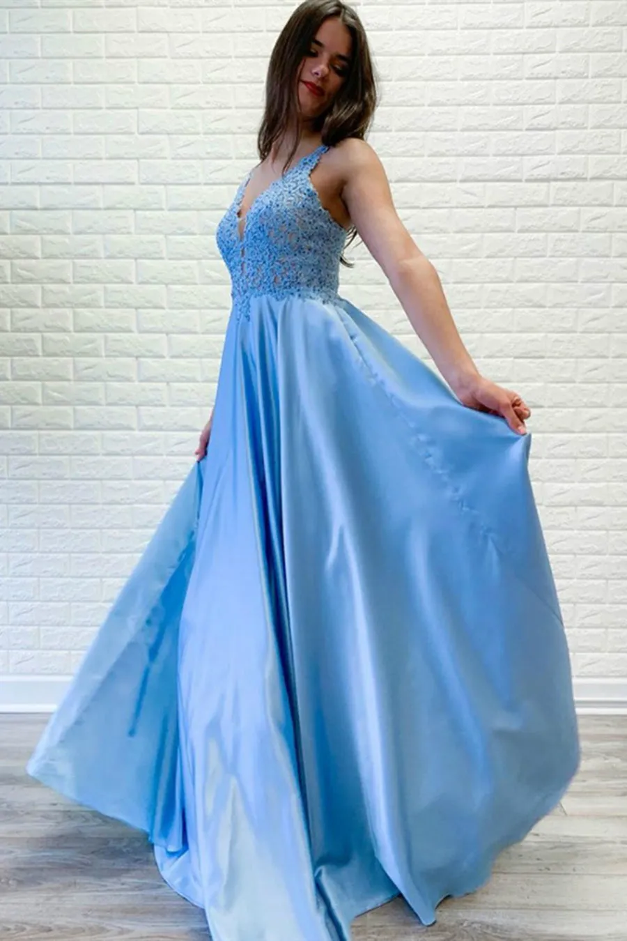 A Line V Neck Light Blue Lace Long Prom Dresses, Light Blue Lace Formal Dresses, Lace Light Blue Evening Dresses