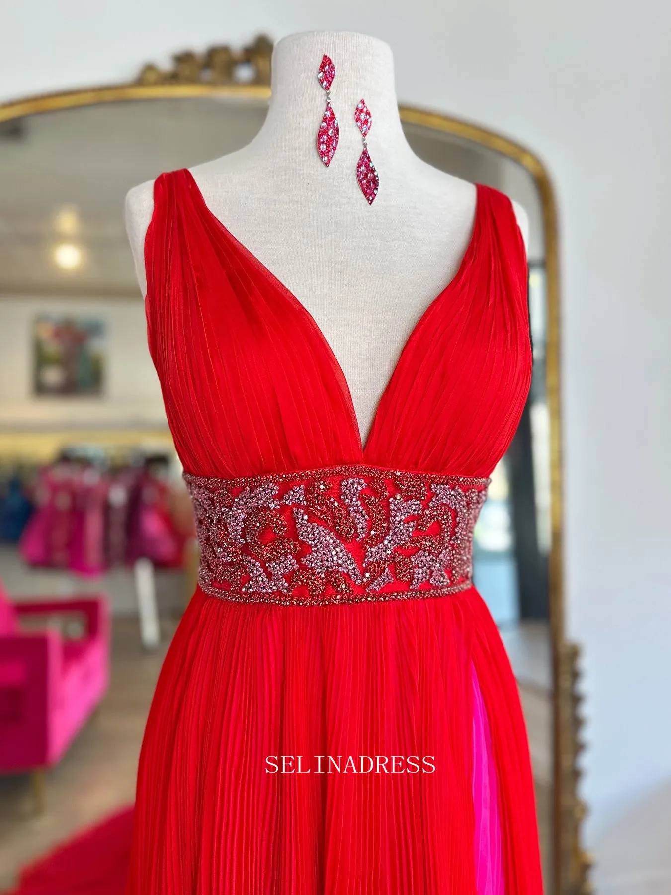A-line V neck Long Prom Dress Red Beaded Formal Dress Ruffles Evening Dress SED032