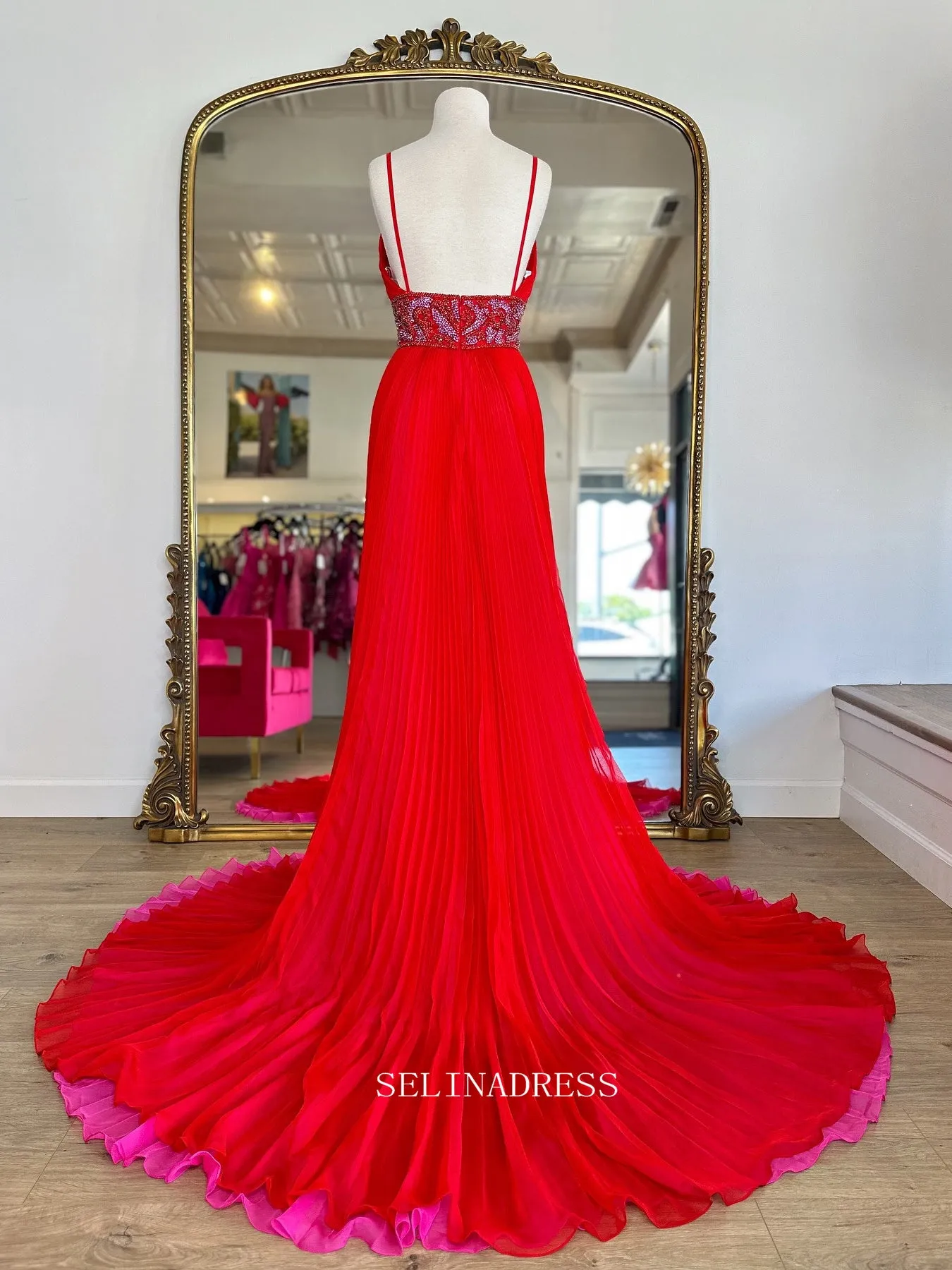 A-line V neck Long Prom Dress Red Beaded Formal Dress Ruffles Evening Dress SED032