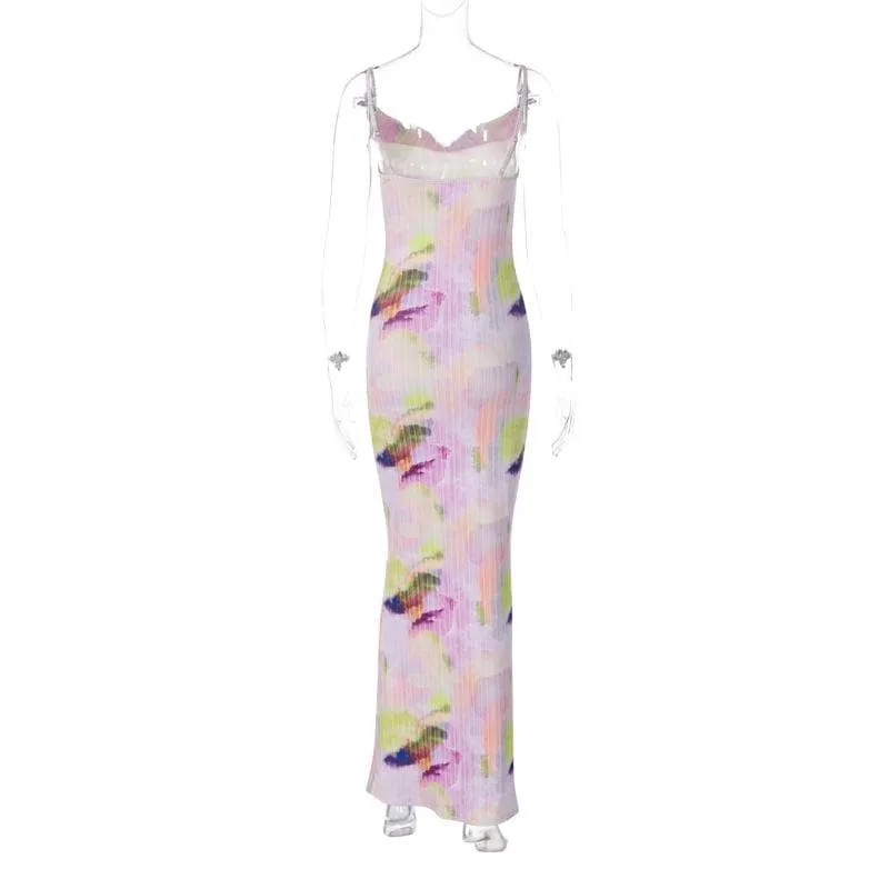 Backless cowl neck v neck contrast print cami maxi dress