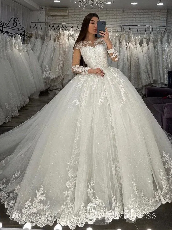 Ball Gown Long Sleeve Applique Lace Wedding Dresses Bridal Gowns MLD001