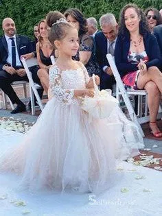 Ball Gown Long Sleeve Applique Tulle Cute Flower Girl Dresses With Bowknot GRS027