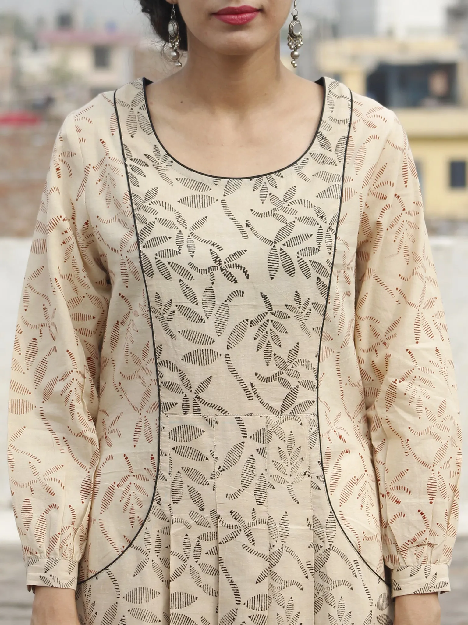 Beige Black Red Hand Block Printed Dress With Peasant Sleeve And Front Pocket - D91F241