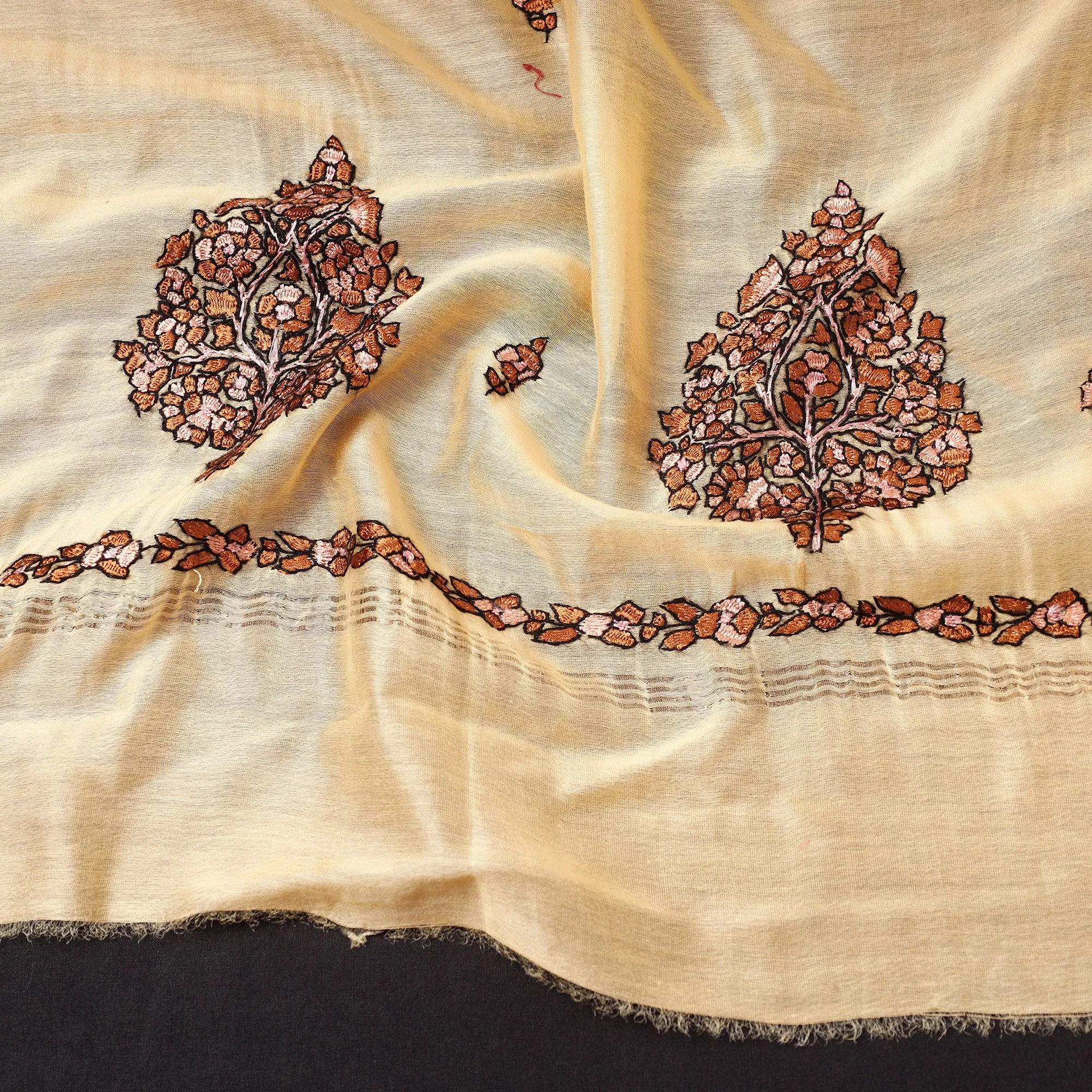 Beige - Kashidakari Hand Embroidered Chanderi Silk Handloom Dupatta with Zari Border