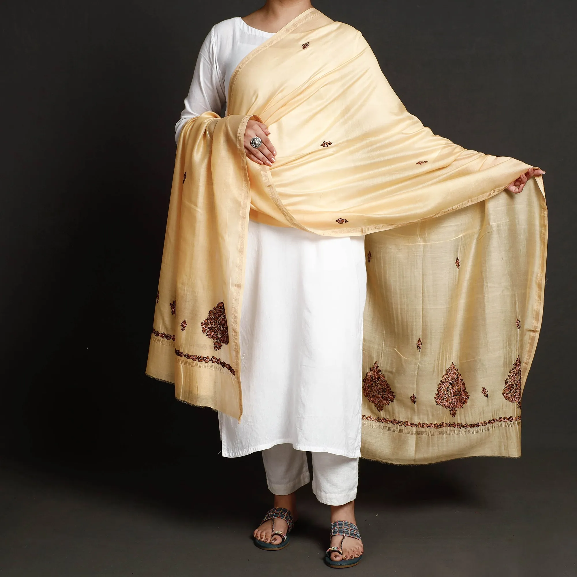Beige - Kashidakari Hand Embroidered Chanderi Silk Handloom Dupatta with Zari Border