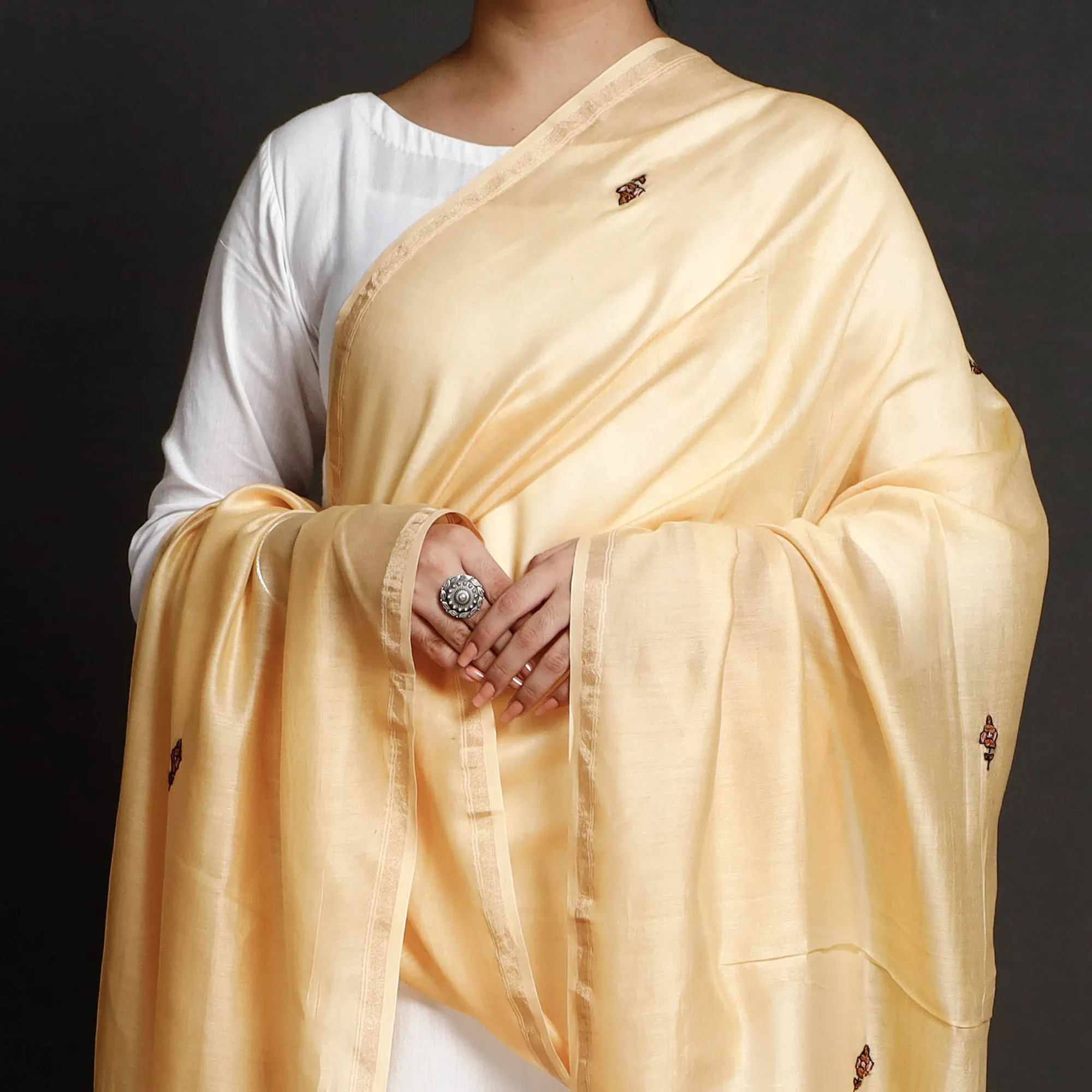Beige - Kashidakari Hand Embroidered Chanderi Silk Handloom Dupatta with Zari Border
