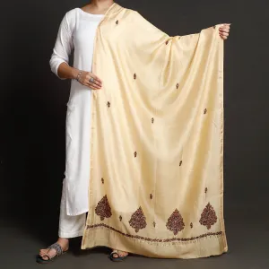 Beige - Kashidakari Hand Embroidered Chanderi Silk Handloom Dupatta with Zari Border