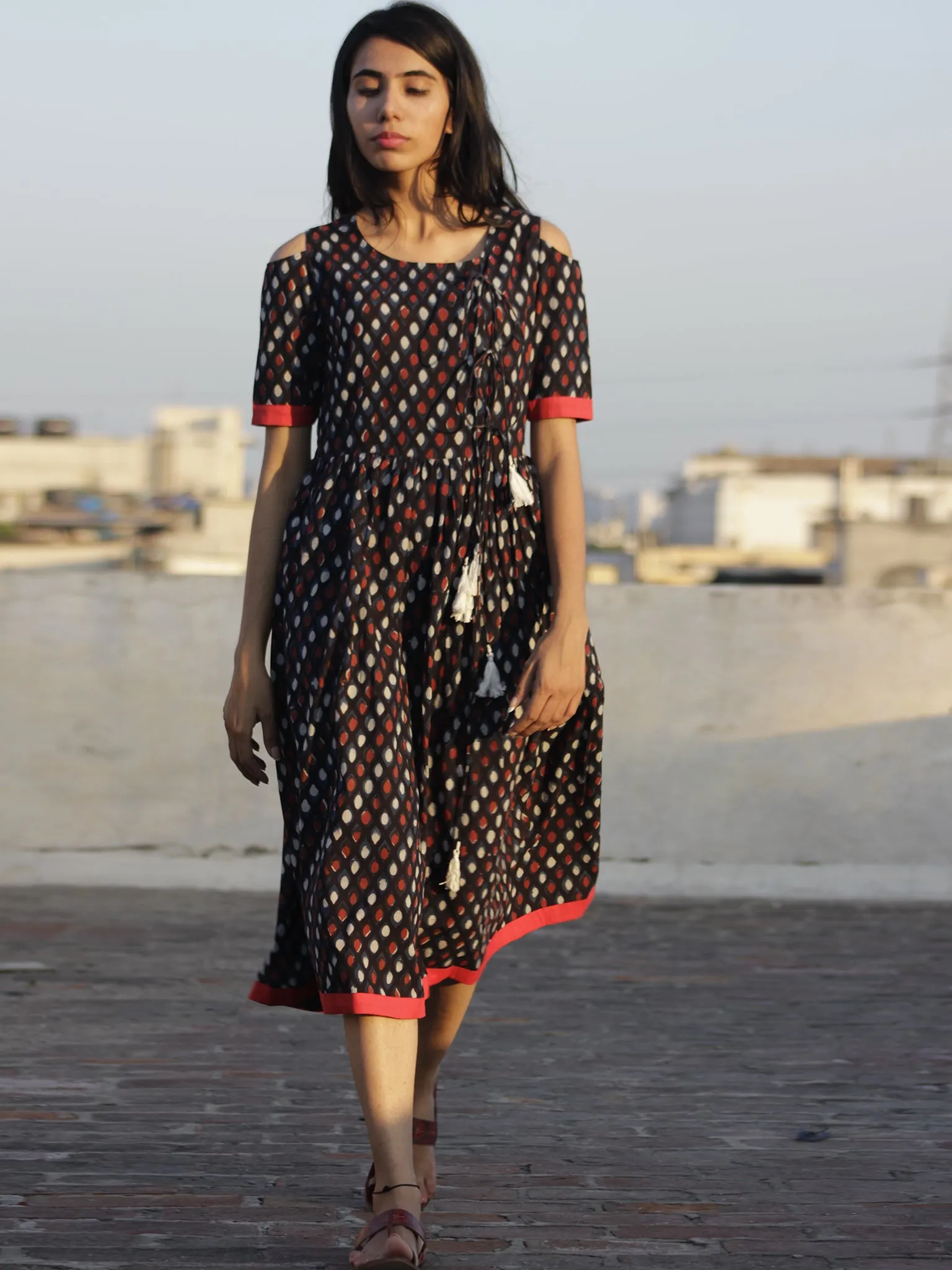 Black Indigo Rust Ivory Hand Block Printed Cotton Angrakha Dress  - D69F895