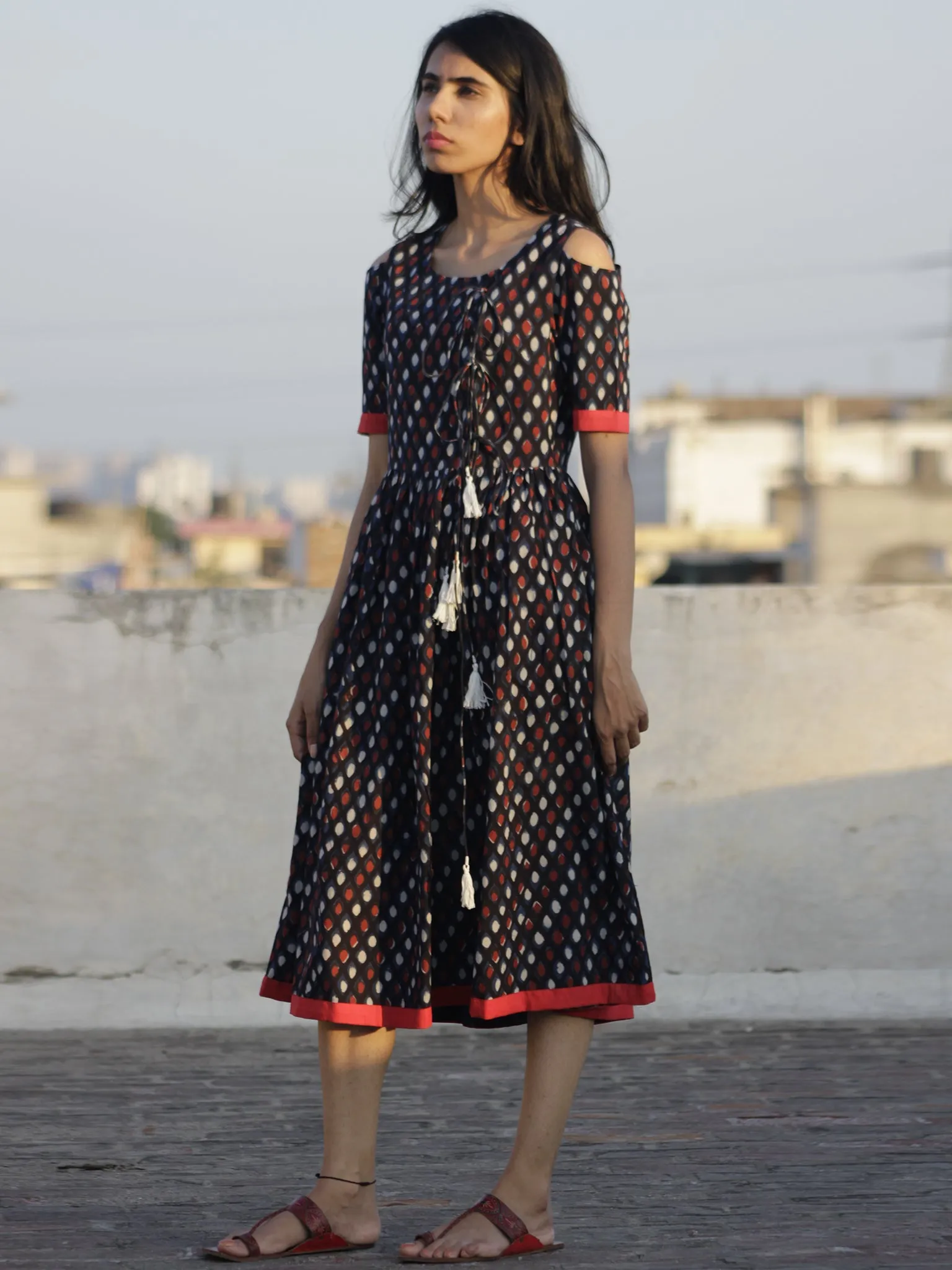 Black Indigo Rust Ivory Hand Block Printed Cotton Angrakha Dress  - D69F895