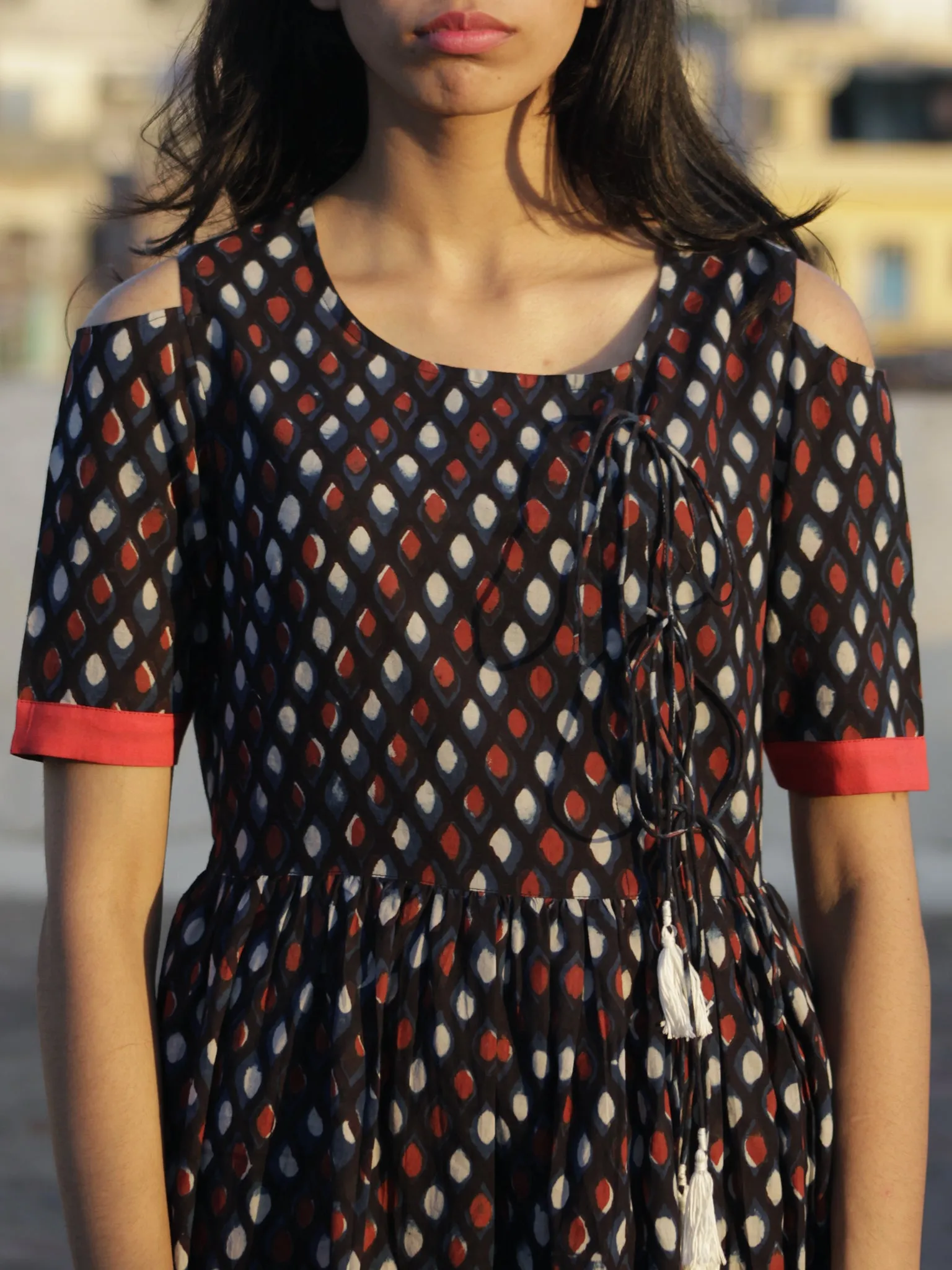 Black Indigo Rust Ivory Hand Block Printed Cotton Angrakha Dress  - D69F895