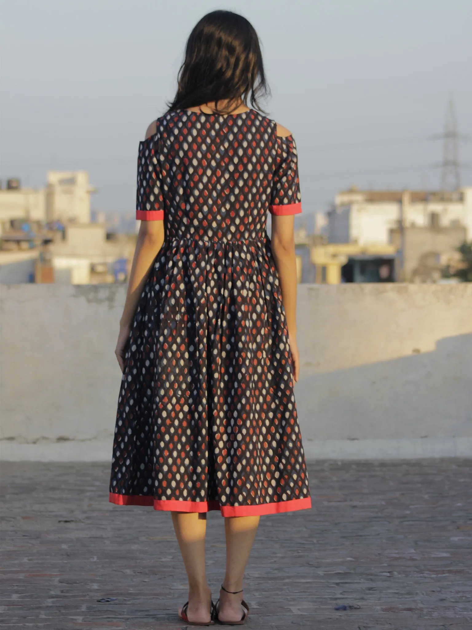 Black Indigo Rust Ivory Hand Block Printed Cotton Angrakha Dress  - D69F895