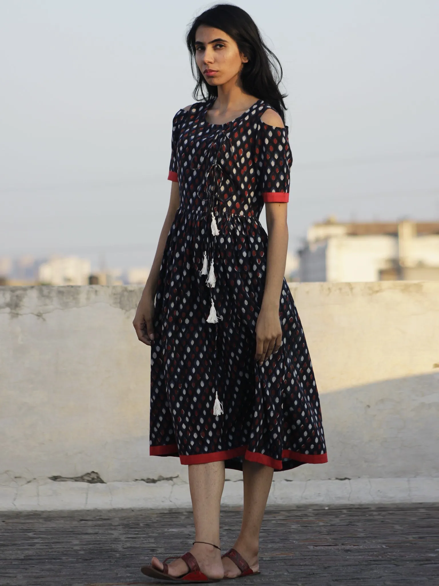 Black Indigo Rust Ivory Hand Block Printed Cotton Angrakha Dress  - D69F895