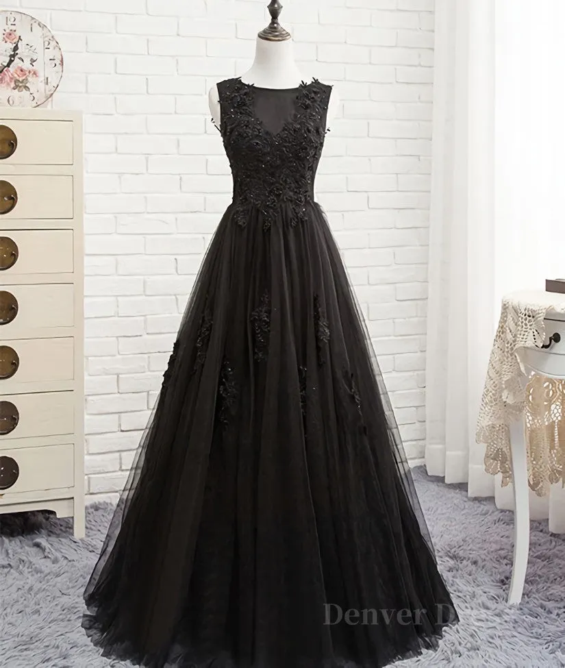 Black round neck tulle lace long prom dress black evening dress