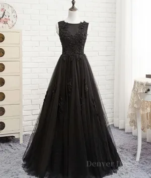 Black round neck tulle lace long prom dress black evening dress