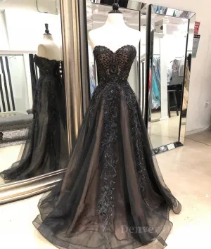 Black sweetheart neck tulle lace long prom dress black evening dress