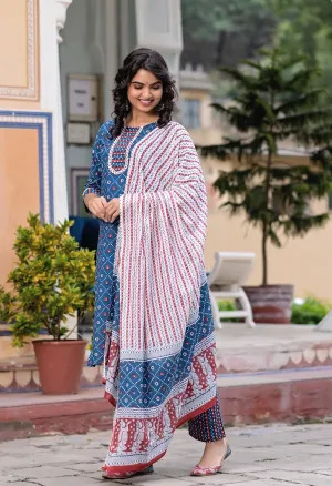 Blue & White Geometric Printed Dupatta Set