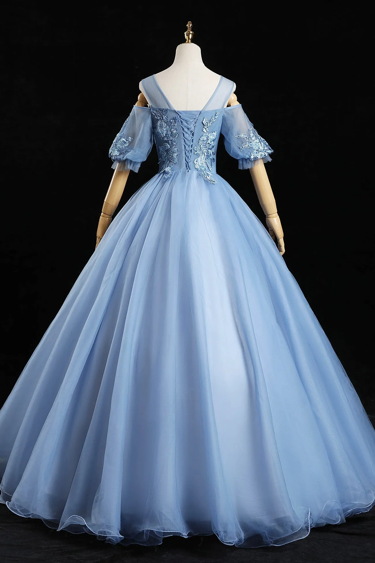 Blue Lace Long A-Line Prom Dresses Blue Evening Dresses
