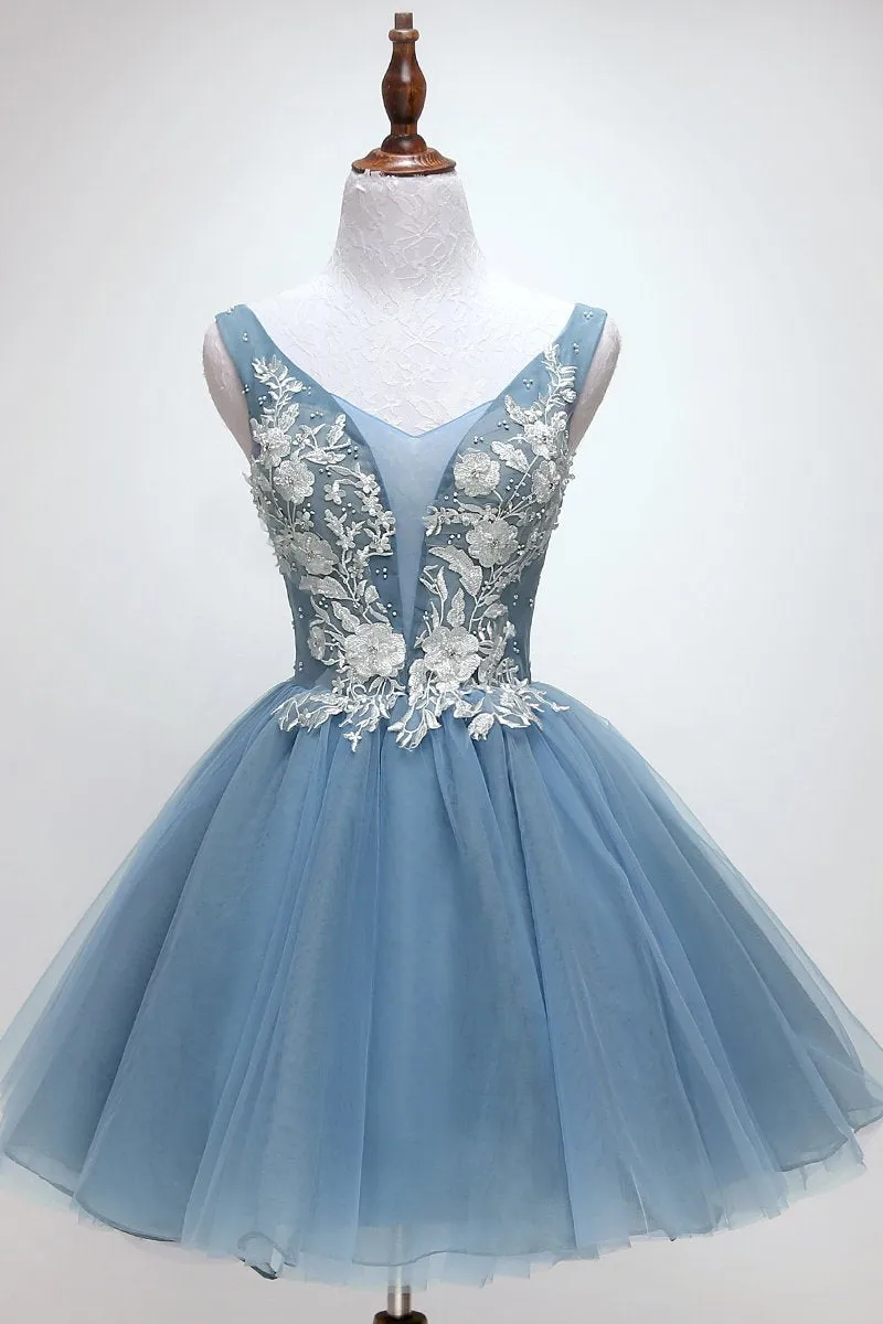 Blue tulle lace short prom dress, blue tulle lace homecoming dress JKG011