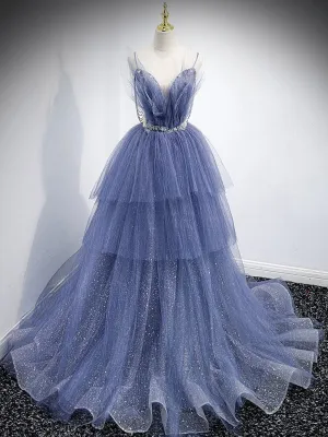 Blue v neck tulle sequin long prom dress blue evening dress