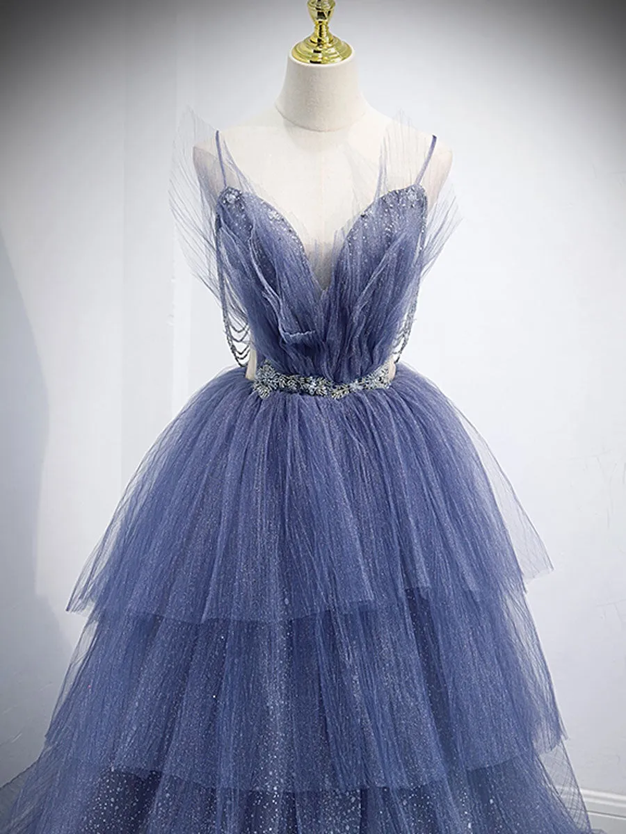 Blue v neck tulle sequin long prom dress blue evening dress