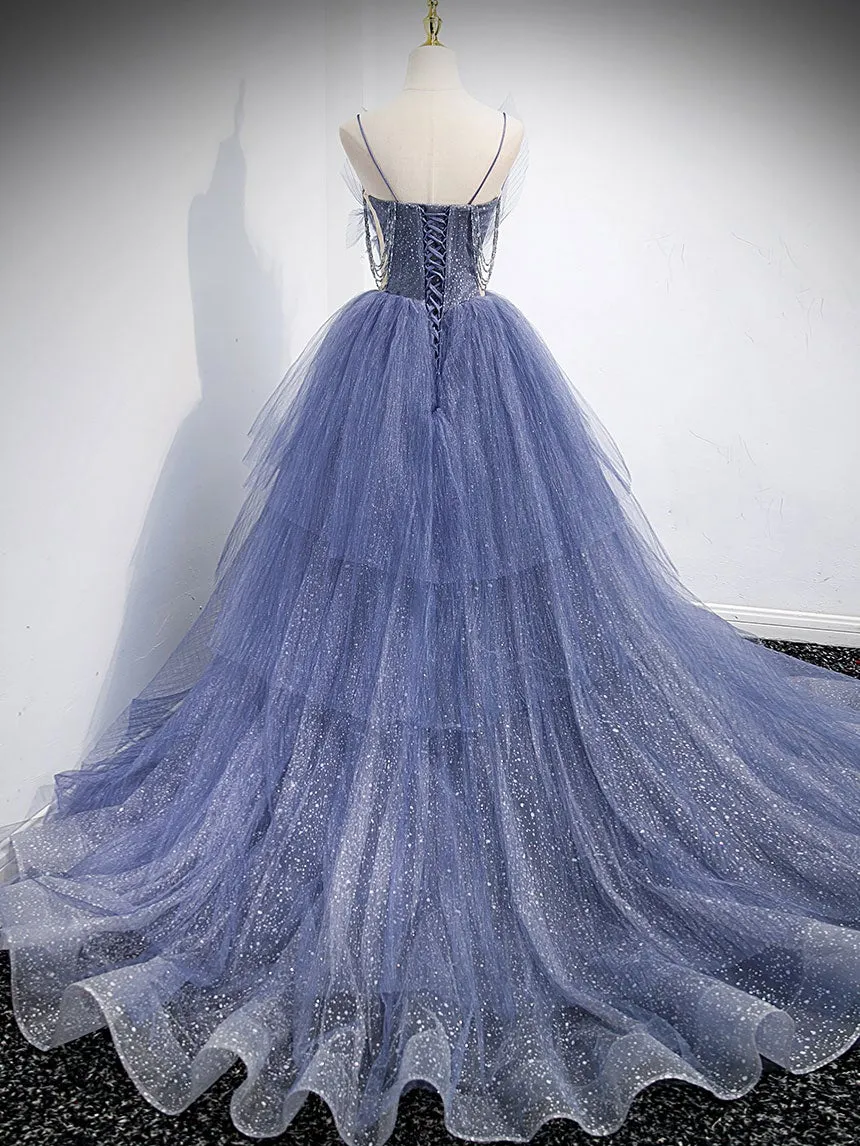 Blue v neck tulle sequin long prom dress blue evening dress