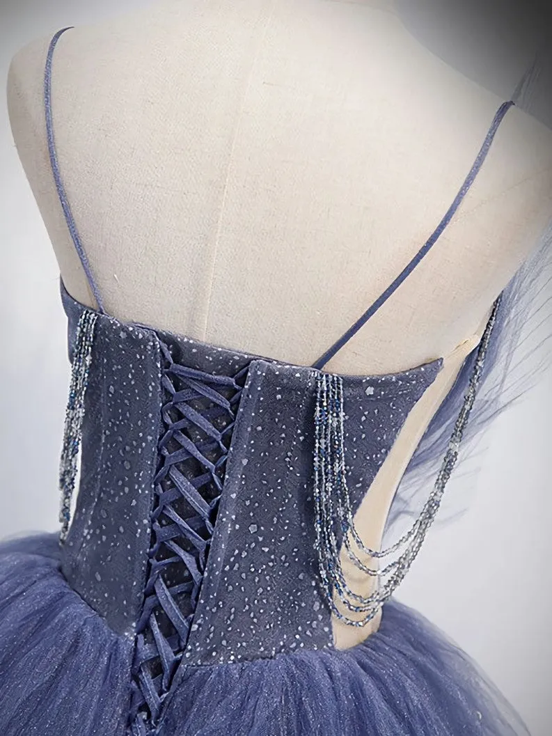 Blue v neck tulle sequin long prom dress blue evening dress