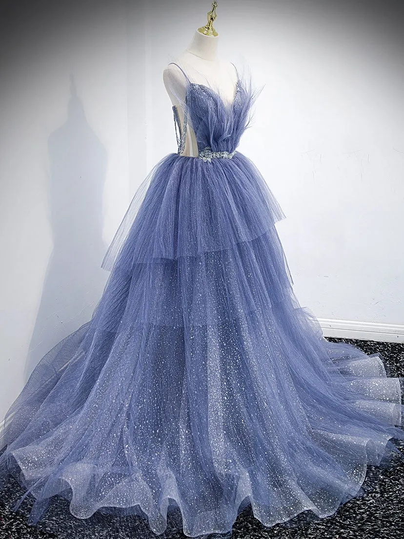 Blue v neck tulle sequin long prom dress blue evening dress
