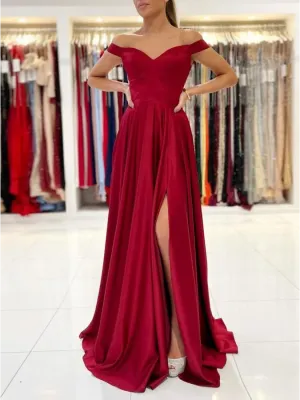 Burgundy Off the Shoulder Chiffon Long Prom Dress Cheap Evening Gowns #POL036
