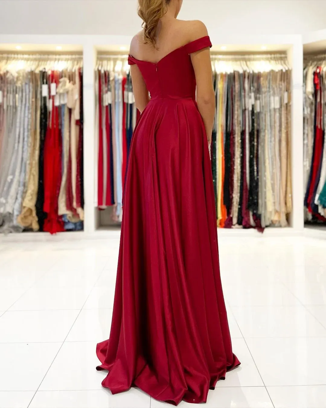 Burgundy Off the Shoulder Chiffon Long Prom Dress Cheap Evening Gowns #POL036