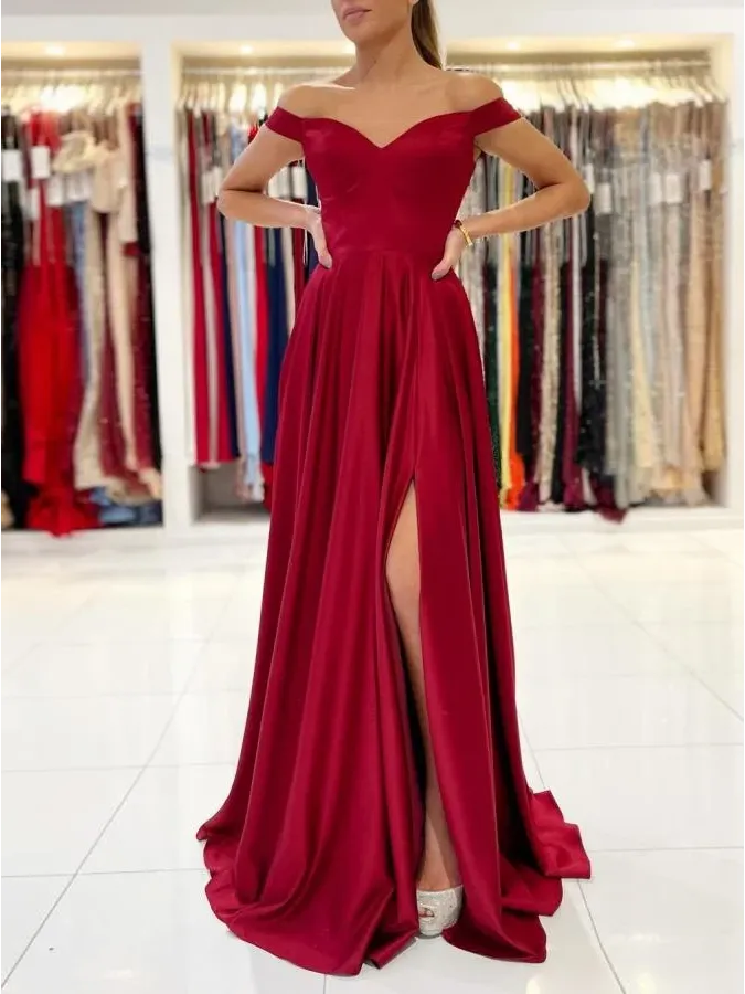 Burgundy Off the Shoulder Chiffon Long Prom Dress Cheap Evening Gowns #POL036