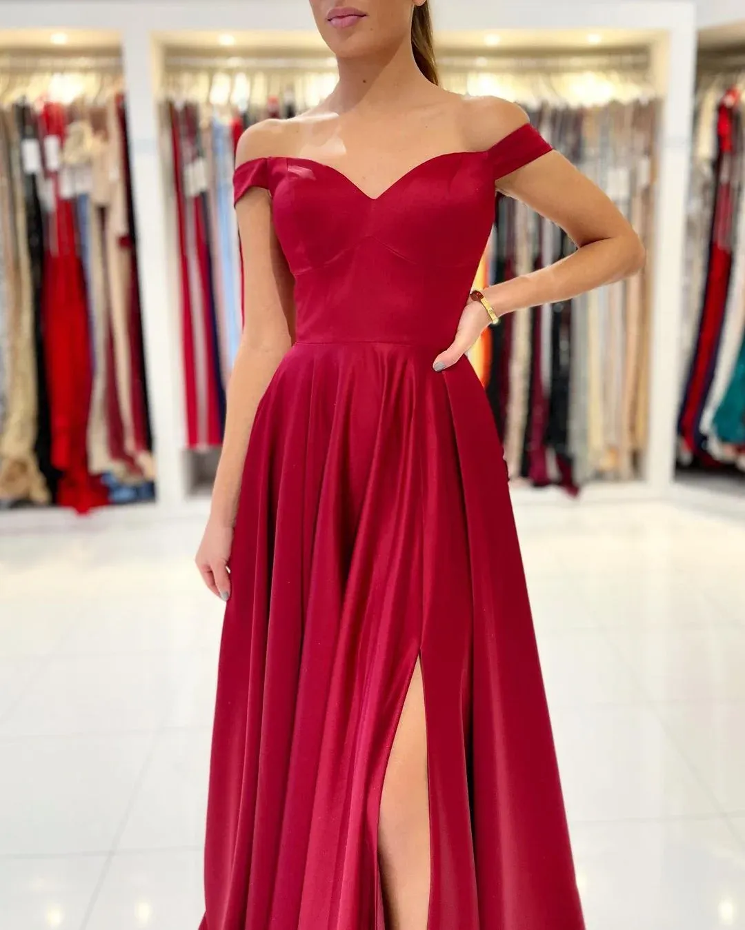 Burgundy Off the Shoulder Chiffon Long Prom Dress Cheap Evening Gowns #POL036