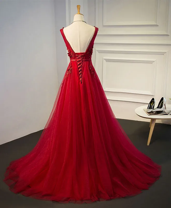 Burgundy V Neck Tulle Short Long Dress, Burgundy Evening Dress