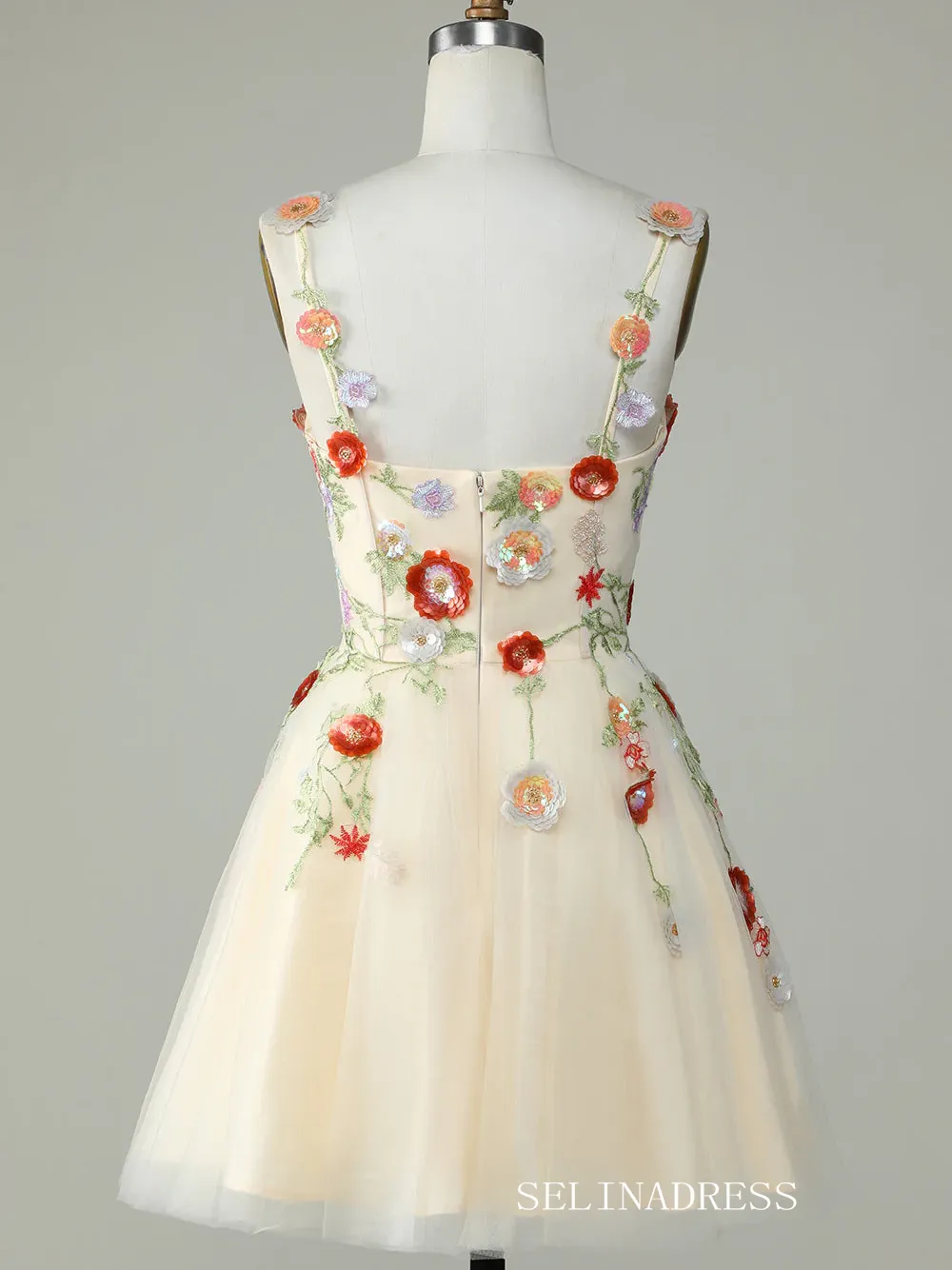 Champagne Homecoming Dress Spaghetti Straps Tulle Short Prom Dress EWR405