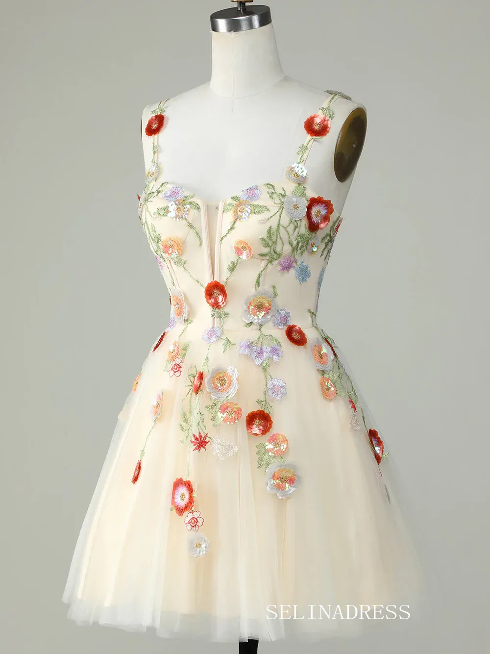 Champagne Homecoming Dress Spaghetti Straps Tulle Short Prom Dress EWR405