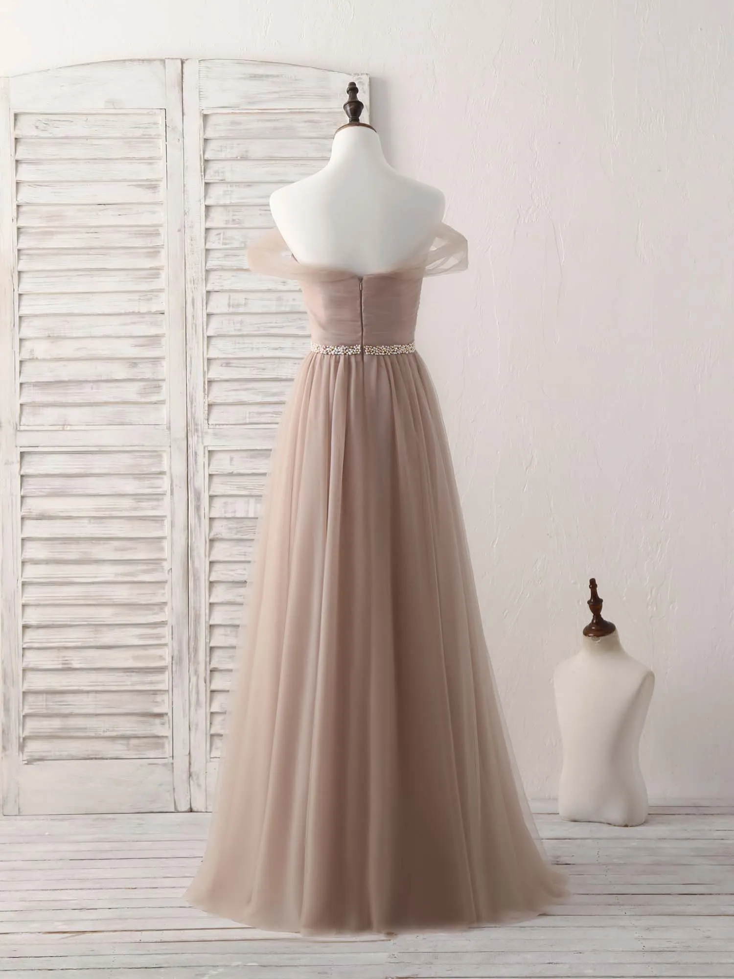 Champagne Off Shoulder Tulle Long Prom Dress, Champagne Evening Dress
