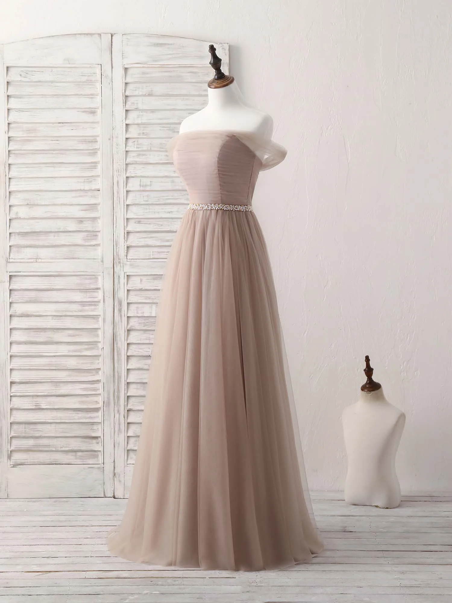 Champagne Off Shoulder Tulle Long Prom Dress, Champagne Evening Dress