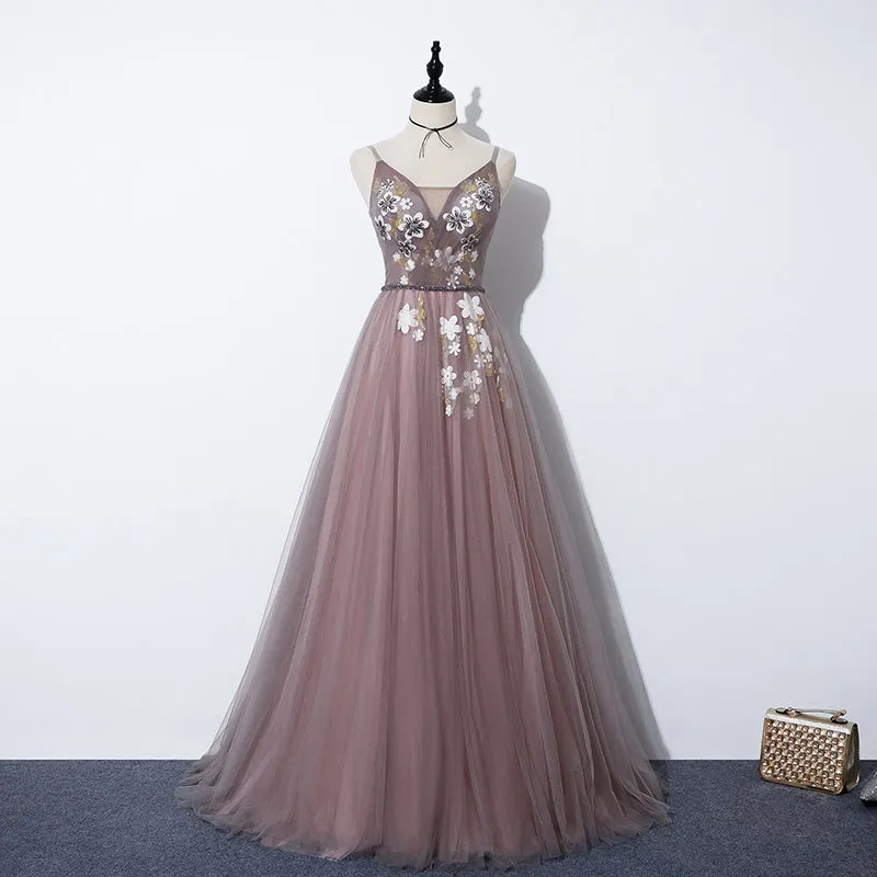 Charming V-neckline Flowers Dark Pink Prom Gown, Long Formal Dress