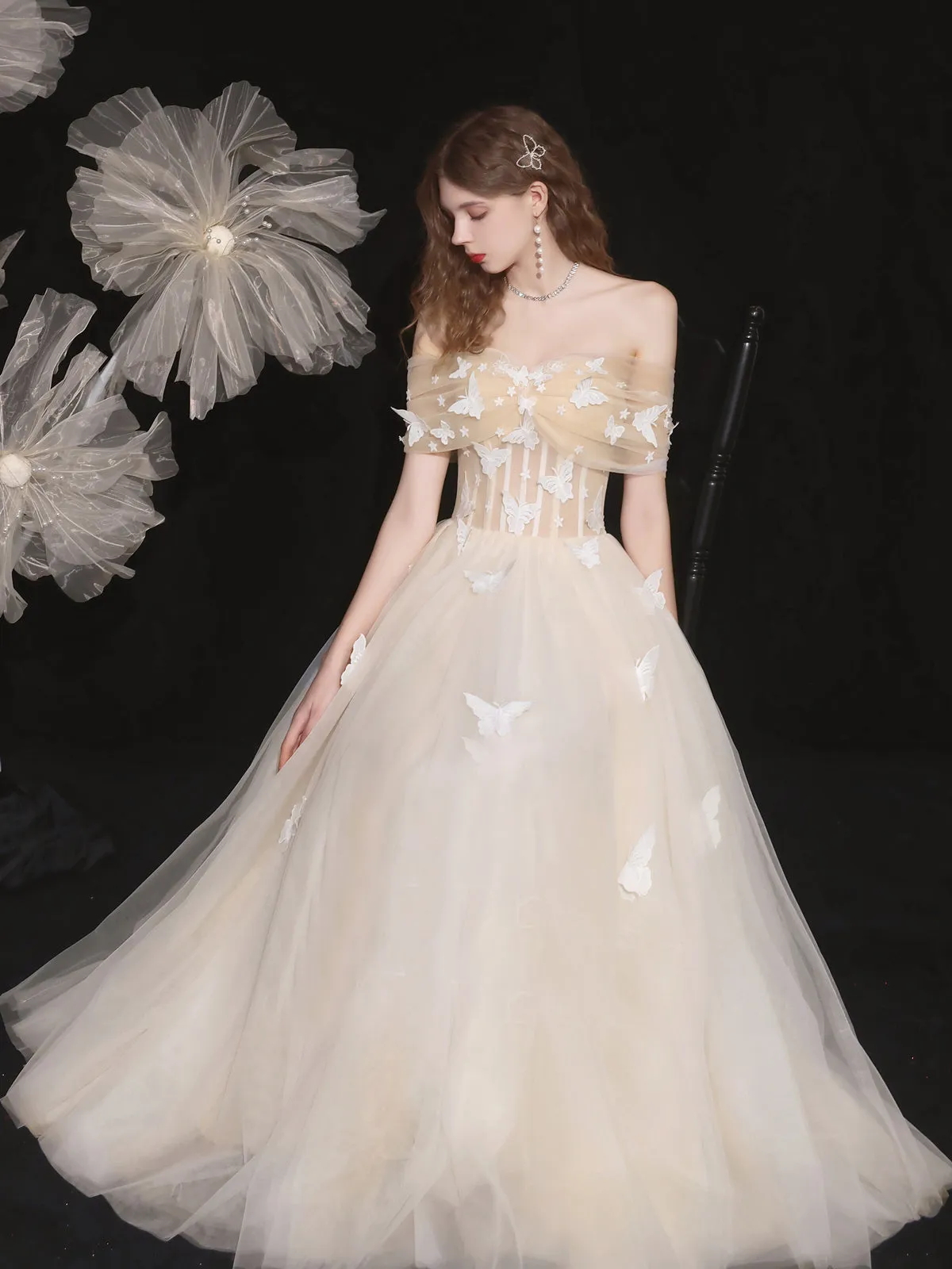 Chic A-line Off-the-shoulder Long Prom Dresses Tulle Formal Gowns Evening Dress OSTY064