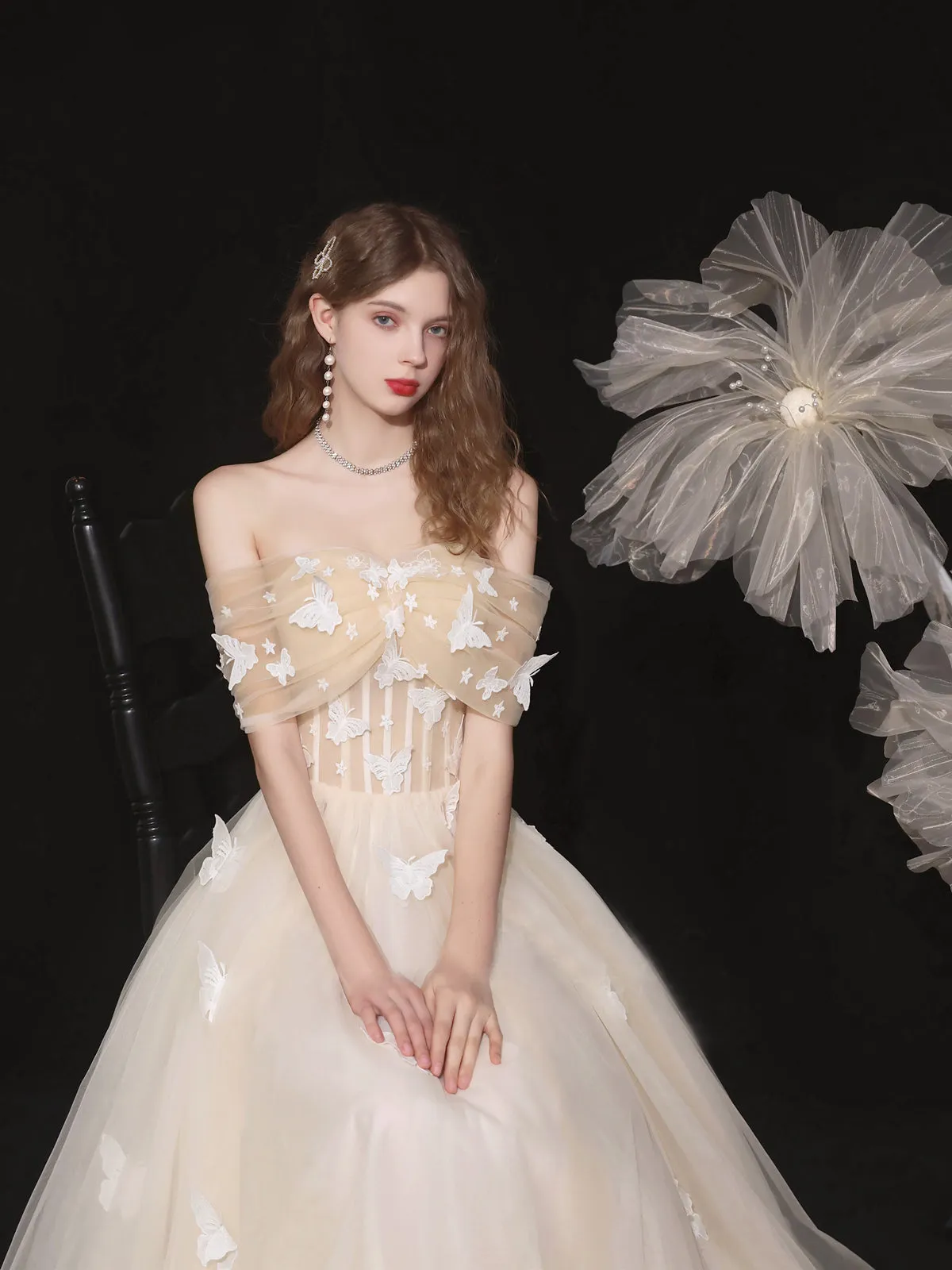 Chic A-line Off-the-shoulder Long Prom Dresses Tulle Formal Gowns Evening Dress OSTY064