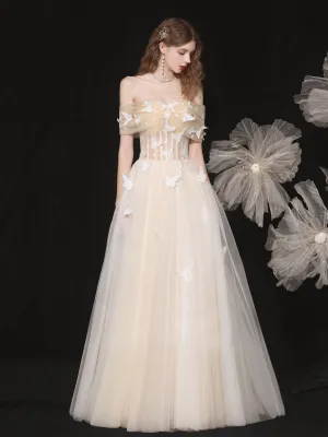 Chic A-line Off-the-shoulder Long Prom Dresses Tulle Formal Gowns Evening Dress OSTY064