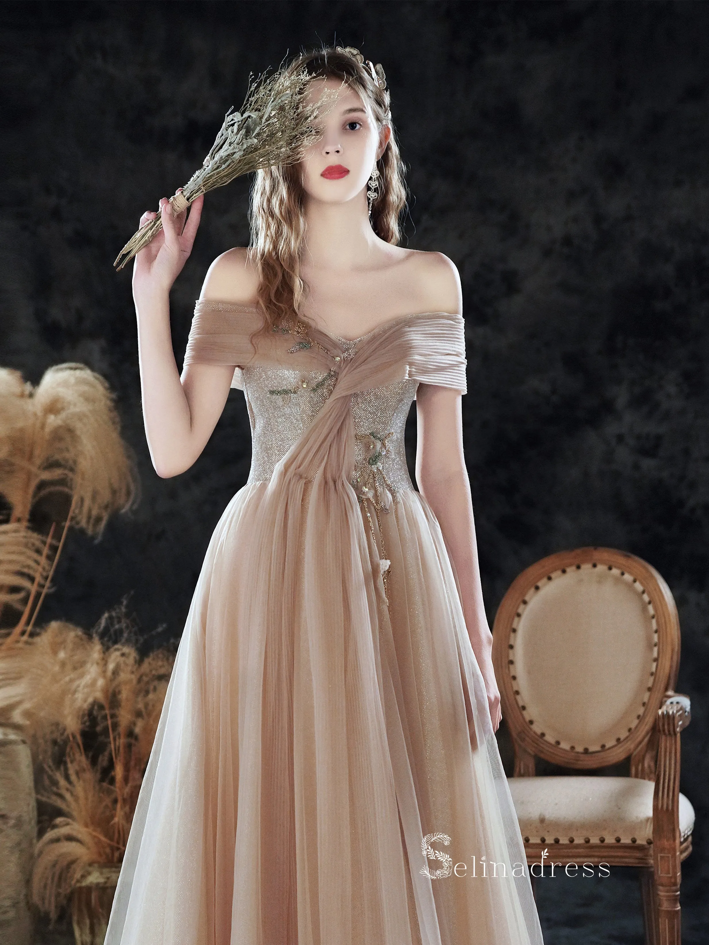 Chic A-line Off-the-Shoulder Long Prom Dresses Unique Formal Gowns CBD134