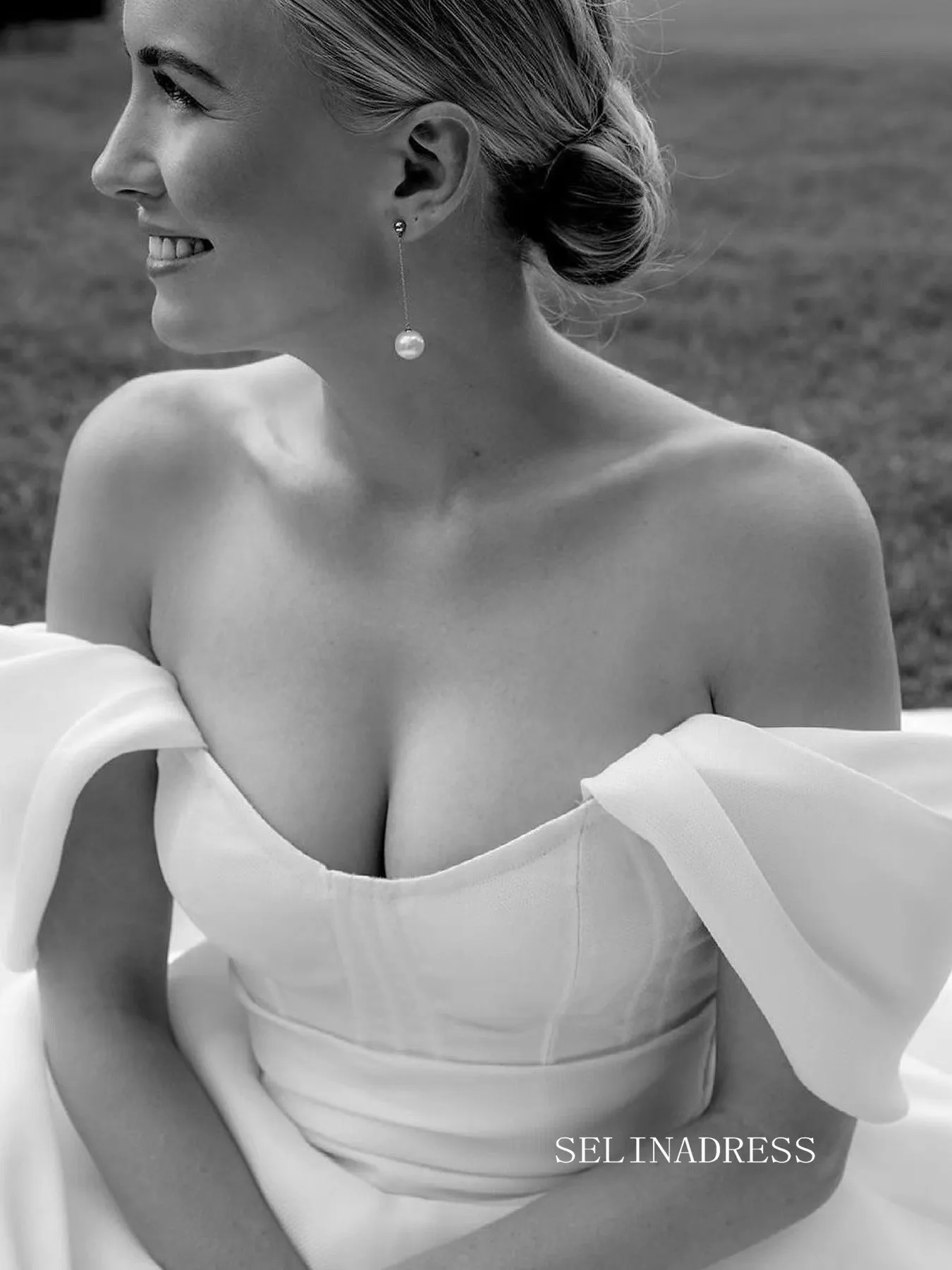 Chic A-line Off-the-shoulder Satin Wedding Dress Rustic White Bridal Gowns MLS039