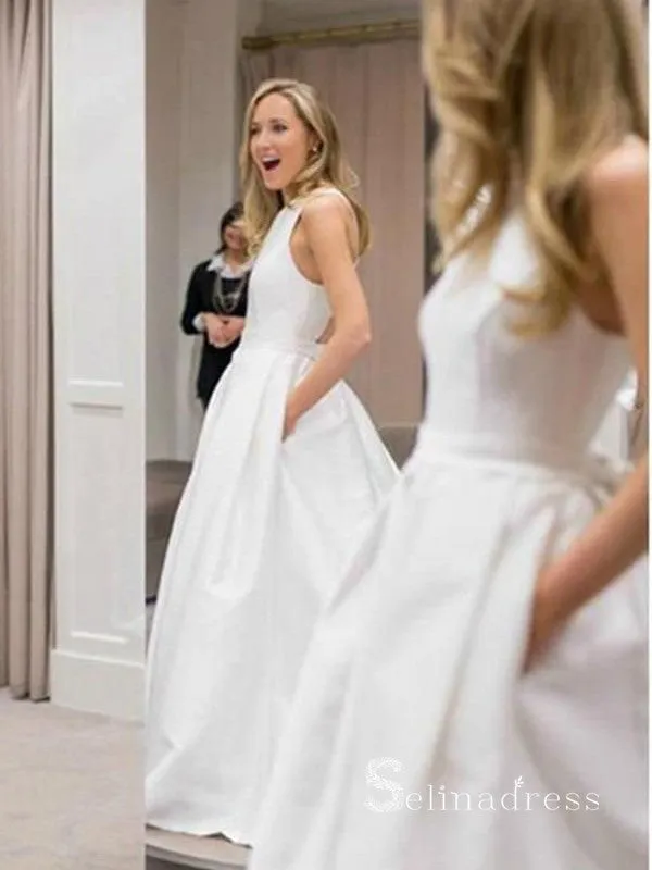 Chic A-line Scoop White Wedding Dresses Satin Bridal Gowns CBD416