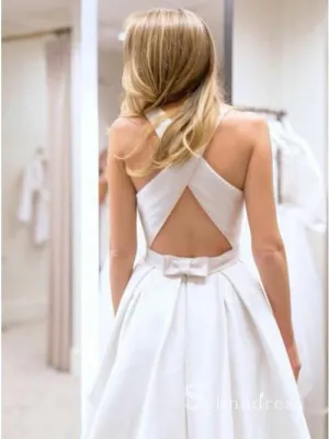 Chic A-line Scoop White Wedding Dresses Satin Bridal Gowns CBD416