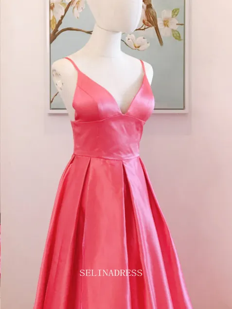 Chic A-line Spaghetti Straps High Slit Fuchsia Long Prom Dresses Satin Bridesmaid Dresses Long Formal Dress OSTY054