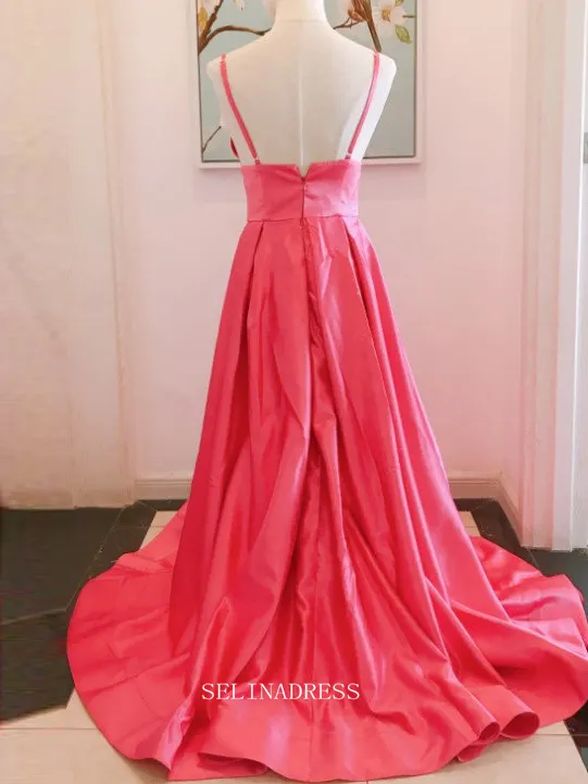 Chic A-line Spaghetti Straps High Slit Fuchsia Long Prom Dresses Satin Bridesmaid Dresses Long Formal Dress OSTY054