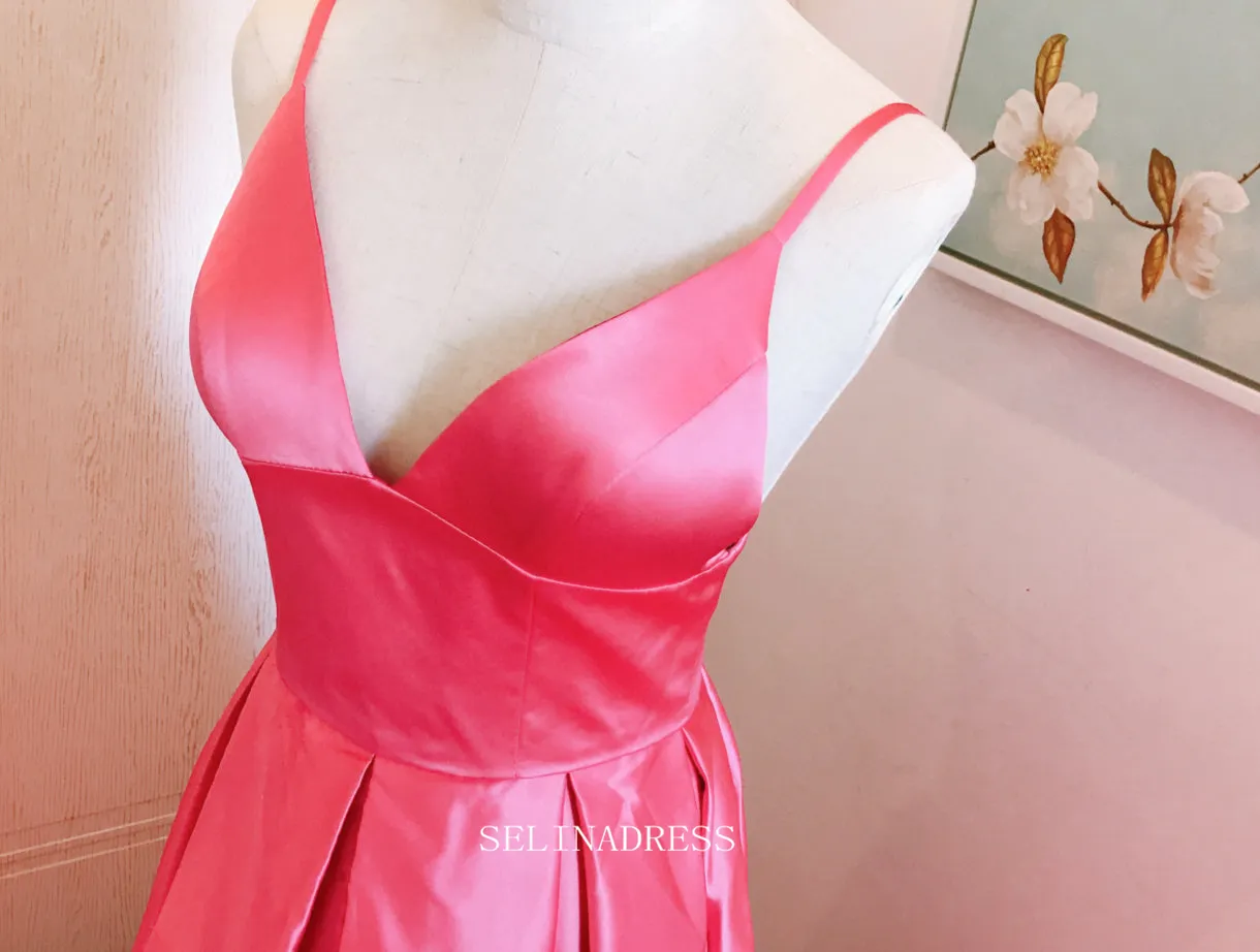 Chic A-line Spaghetti Straps High Slit Fuchsia Long Prom Dresses Satin Bridesmaid Dresses Long Formal Dress OSTY054