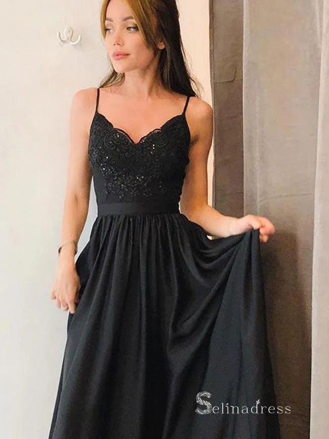 Chic A-line Spaghetti Straps Long Prom Dresses Lace Evening Gowns MHL2868